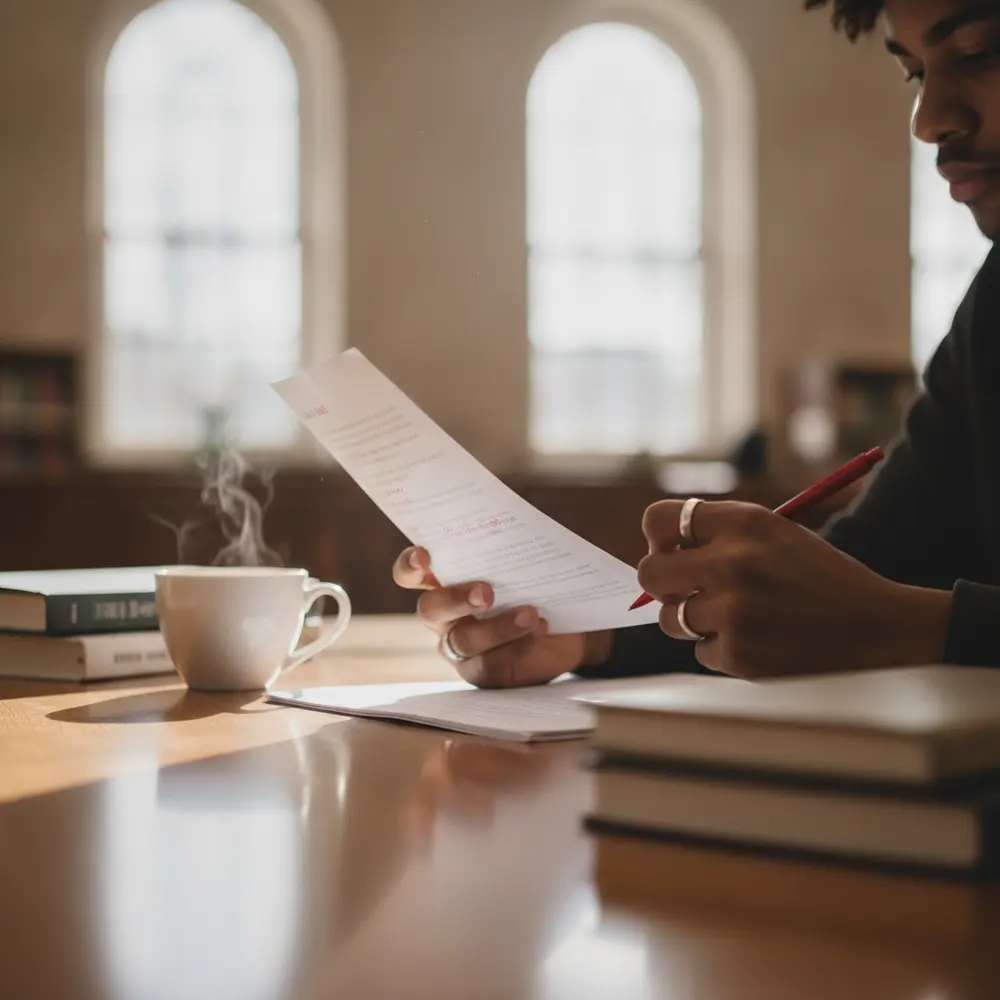 College student reviewing printed essay with red pen at library table