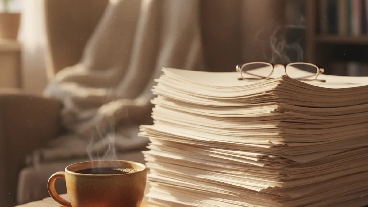 A person reading documents at a wooden desk with natural lighting, no text, showing academic paper review without AI detection distraction.