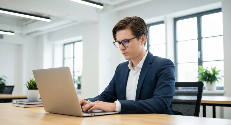 Professional analyzing AI detector comparison data on a laptop in a modern office with natural lighting