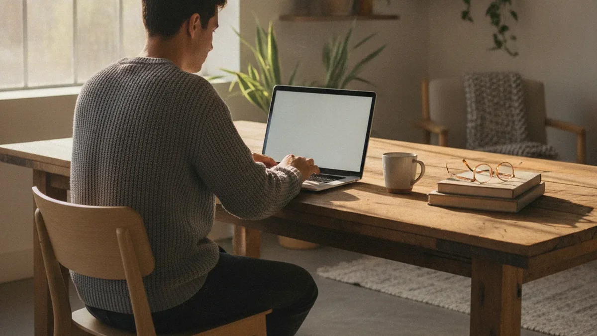 A clean desk with a laptop, notebook, and coffee cup, no text, representing AI detector testing in an office setting.
