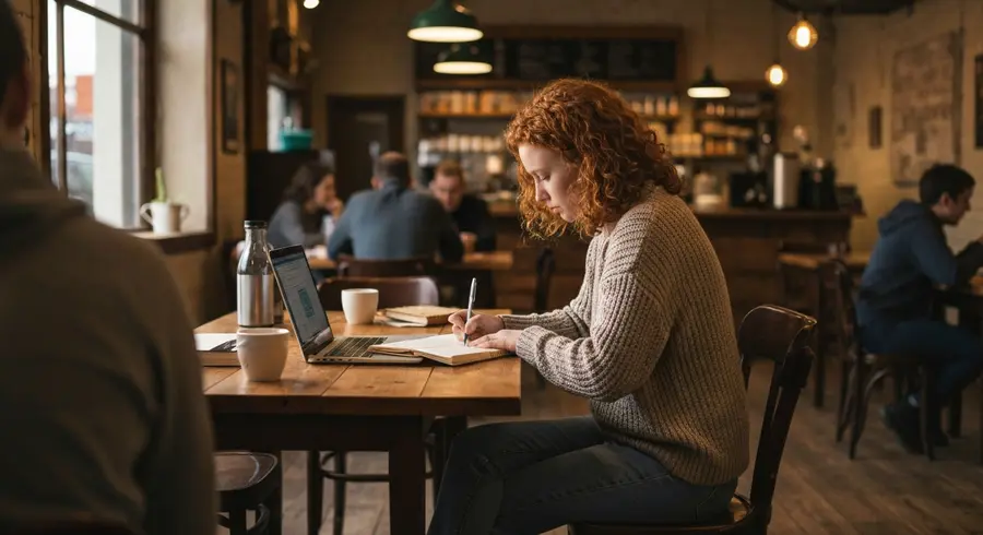 Person writing in a notebook with a laptop nearby in a cozy coffee shop with warm natural lighting
