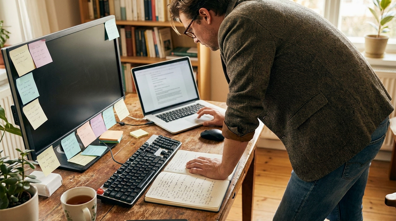 Content writer at a desk reviewing articles on a laptop with sticky notes, editing AI-generated content for Google rankings.