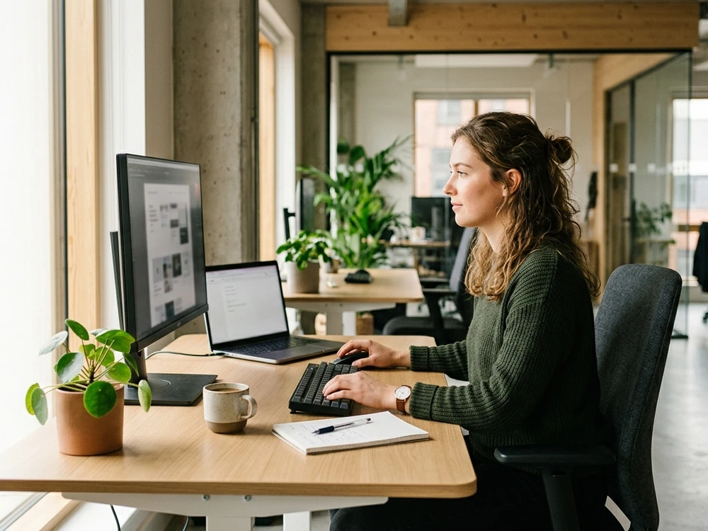 Person working at a computer in a modern office with natural lighting reviewing AI detection results.