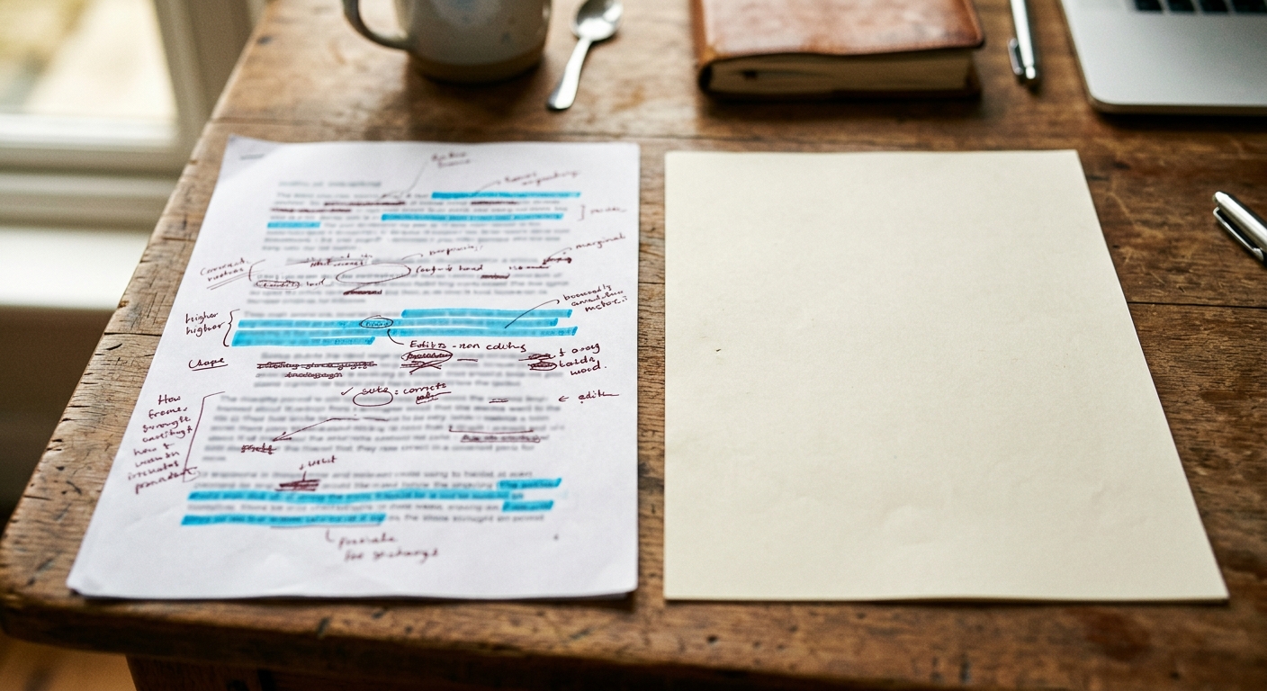 Two edited papers side by side on a desk comparing AI humanizer output quality