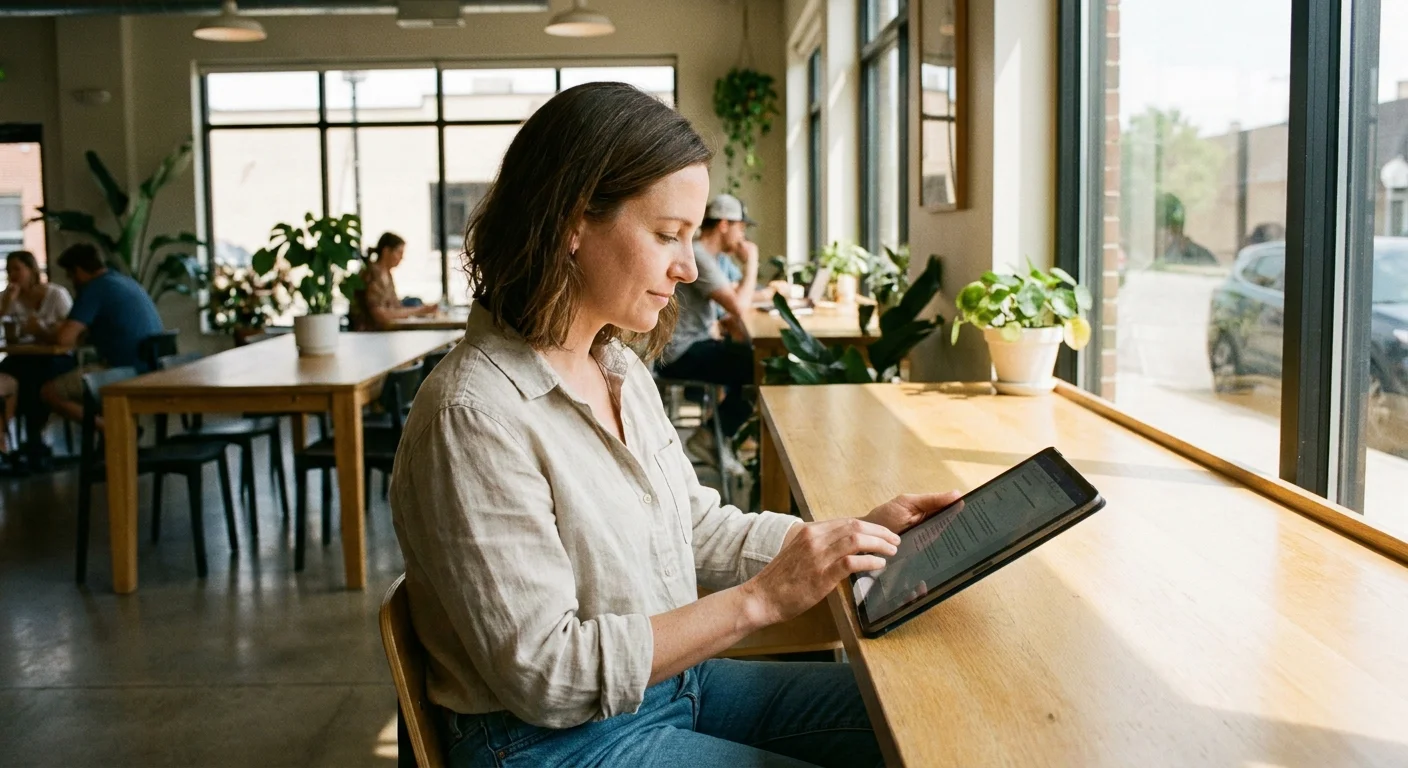 Freelance writer reviewing documents on a tablet in a bright coffee shop editorial photo no text no logos
