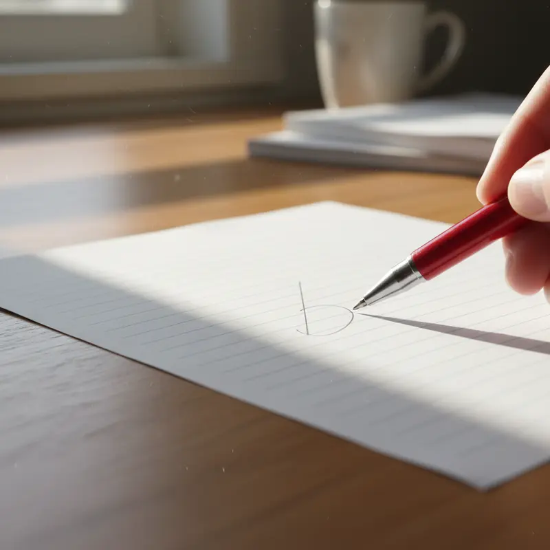 Red pen marking paper on wooden desk, natural sunlight, documentary style