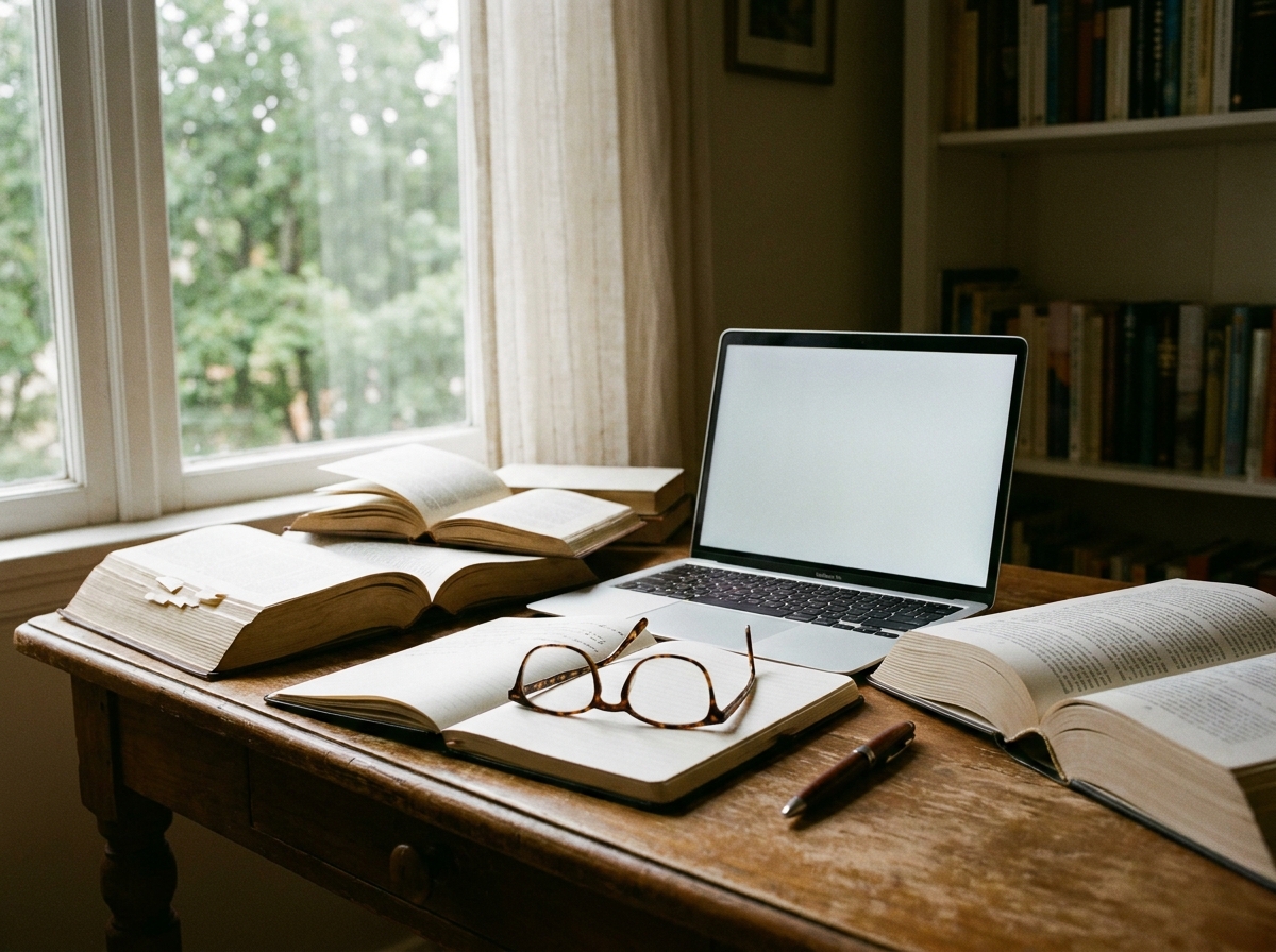 Study desk with books, laptop and reading glasses for researching AI content detection and Google search guidelines.