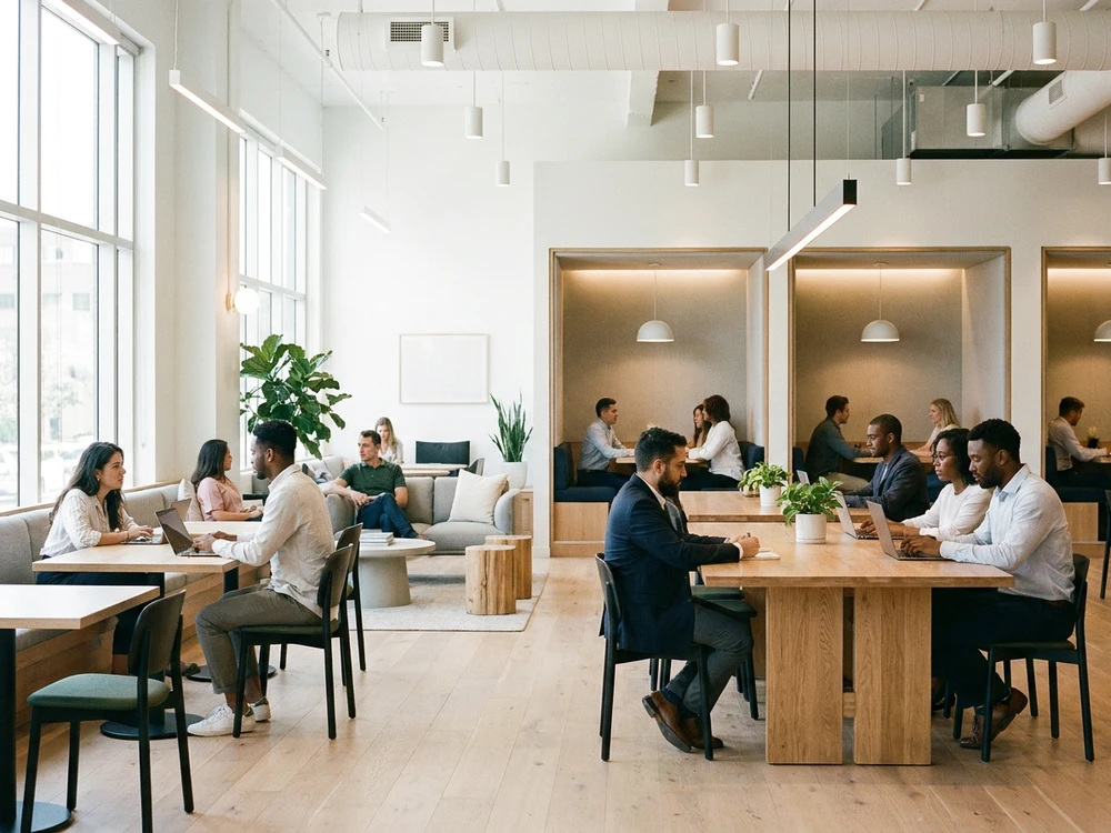 Modern collaborative workspace with natural light representing a professional environment for Hive AI Detector testing and review.