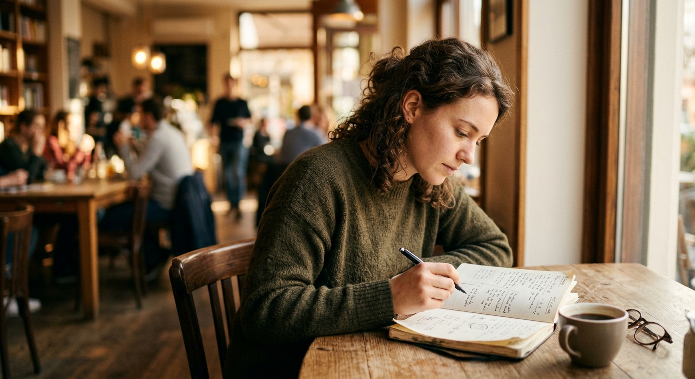 Professional reviewing content at a cafe table, evaluating AI humanized text quality