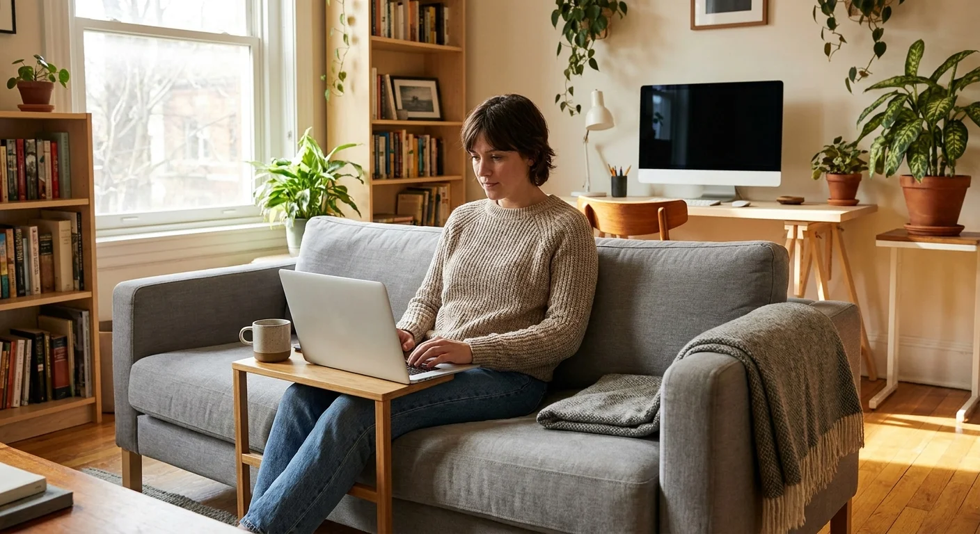 Blogger editing content on a laptop on a modern couch in a cozy home office setting no text no logos