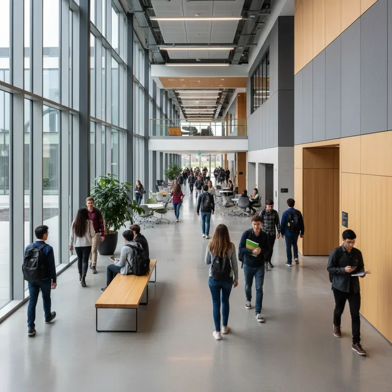 University hallway with students walking, modern academic building, editorial photo