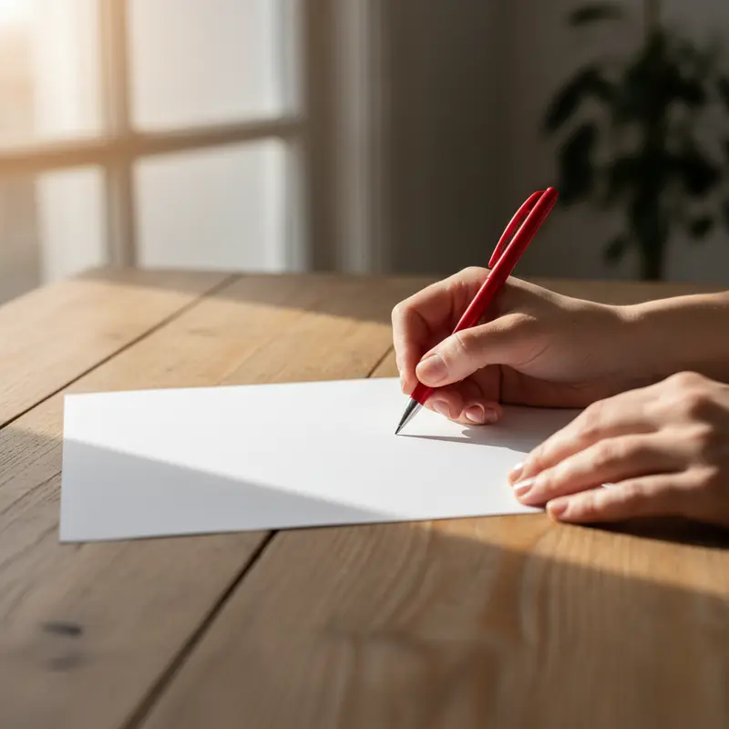 Person writing with pen on blank paper on wooden desk, natural sunlight, documentary style