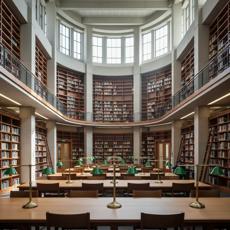 Modern university library interior with green reading lamps and wooden study tables, editorial photography