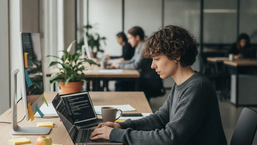 Person typing on a laptop with scattered notes on a desk representing AI content creation and writing tools testing.
