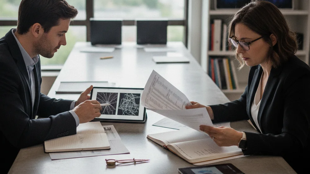Two people reviewing documents on a tablet and papers together representing AI detector tool comparison testing.