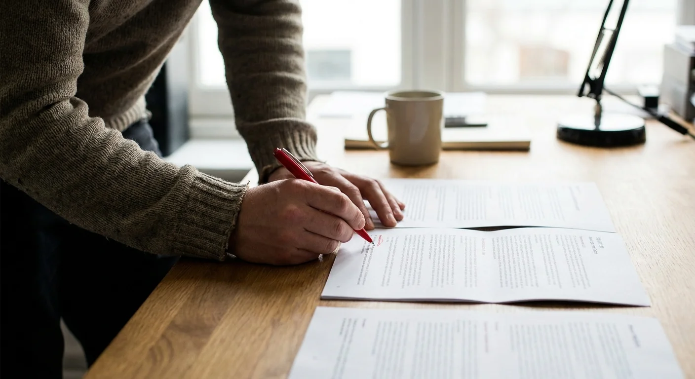 Person comparing and editing two documents side by side on a desk, representing the process of human editing to bypass AI detection