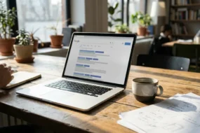 Editorial desk scene with laptop showing search results for testing whether AI content impacts Google rankings in 2026.