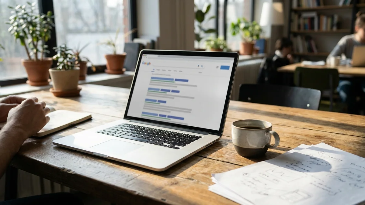 Editorial desk scene with laptop showing search results for testing whether AI content impacts Google rankings in 2026.