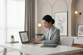 Featured image comparing free AI detectors on a laptop screen, modern office desk, no text