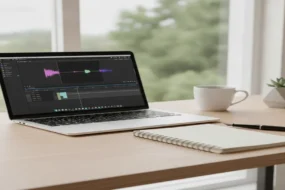 A laptop, notebook, and pen on a clean desk for the Winston AI detector review testing AI detection tools for academic papers in 2026.