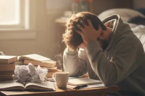 College student stressed at desk with papers and coffee, natural window light, editorial photo