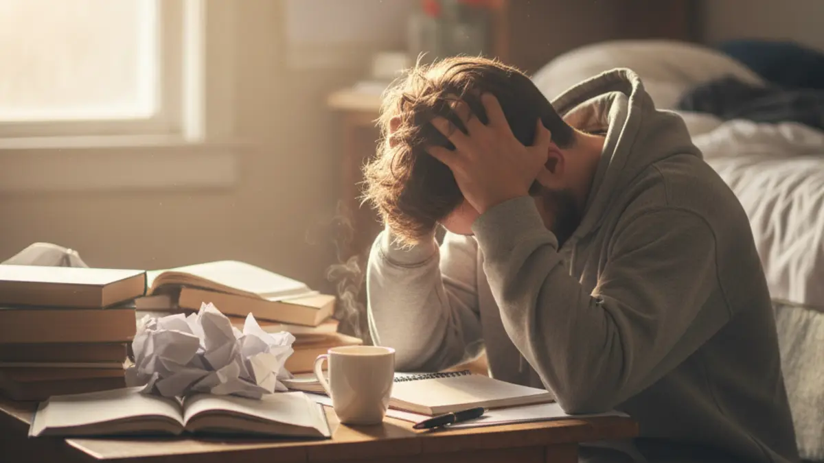 College student stressed at desk with papers and coffee, natural window light, editorial photo