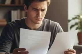 Student holding printed essay at desk, natural window light, editorial photography