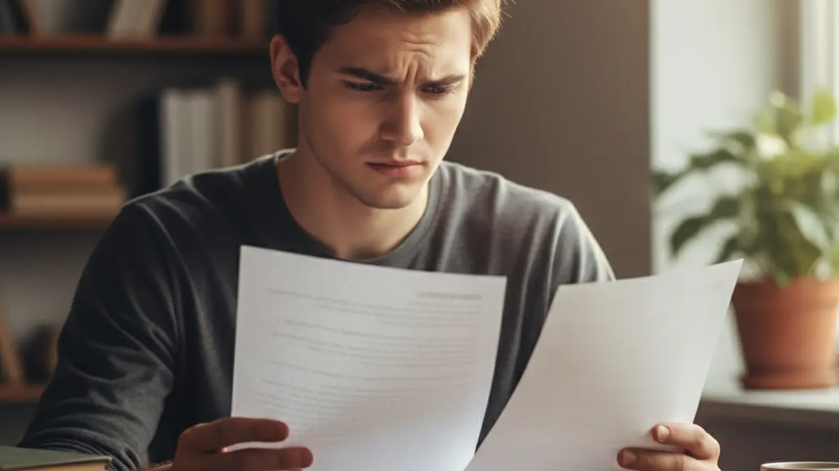 Student holding printed essay at desk, natural window light, editorial photography