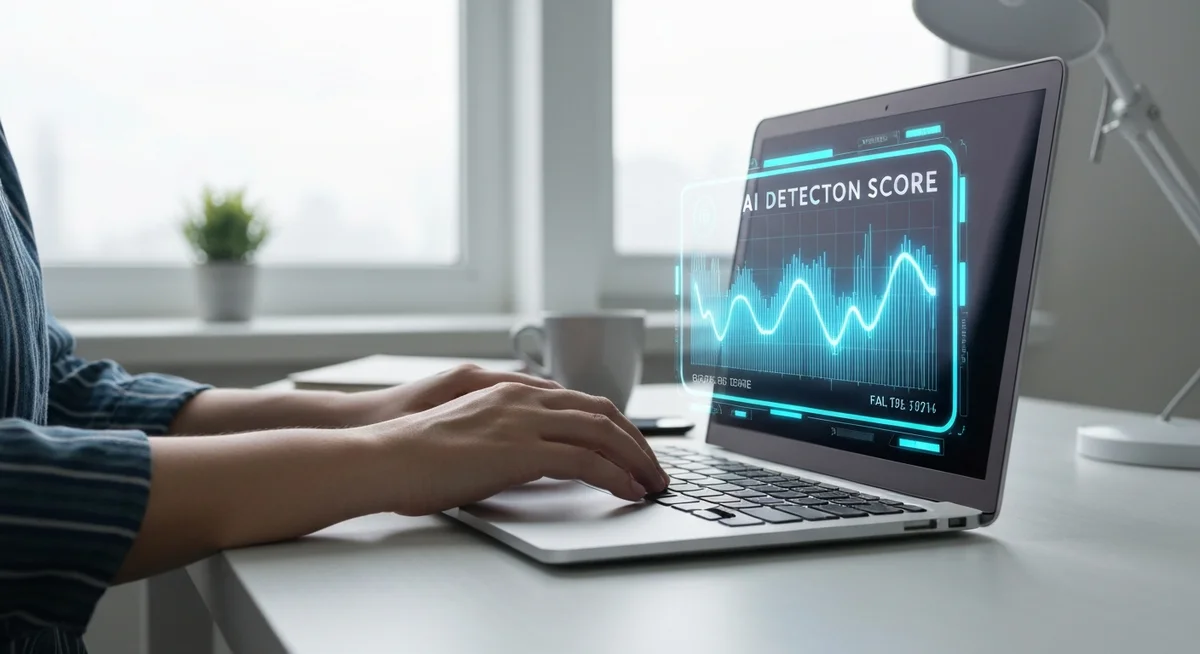 Hands typing on a laptop keyboard with AI detection analysis visible on screen for testing humanizer tools against Originality.ai