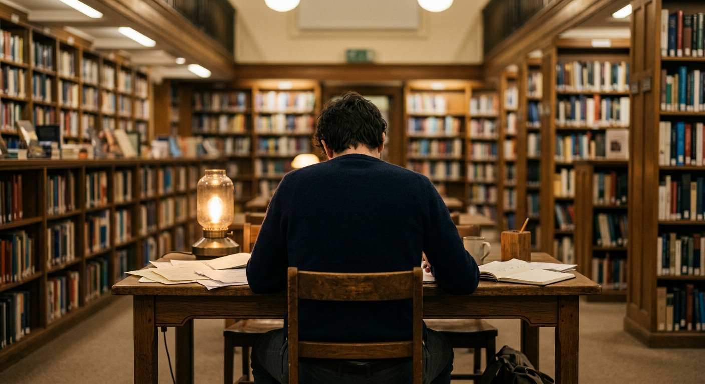 Person reviewing documents at library desk for AI detection accuracy research