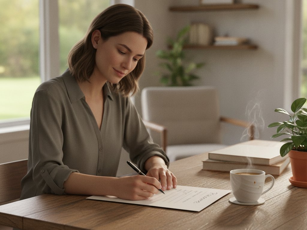 Person writing a resume at a home office desk with natural light and coffee nearby