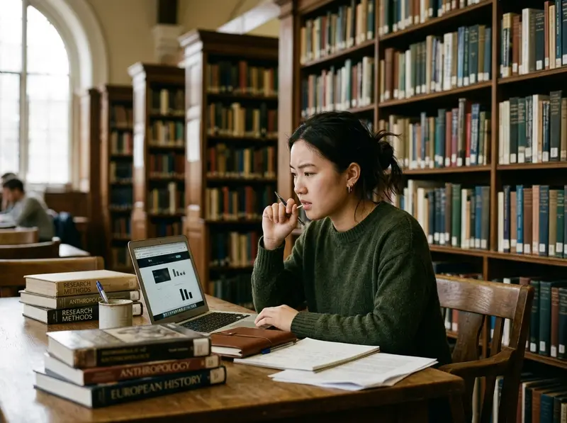 A university student checking AI detection results on their laptop in a library surrounded by books, representing concerns about AI detection accuracy