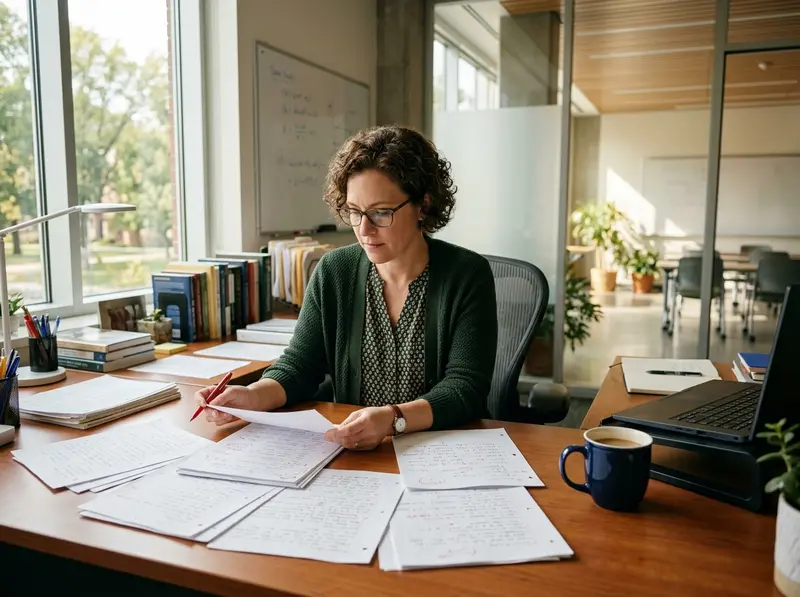 A teacher grading papers at their desk while evaluating AI detection tools for classroom use, representing the academic perspective on AI detection accuracy