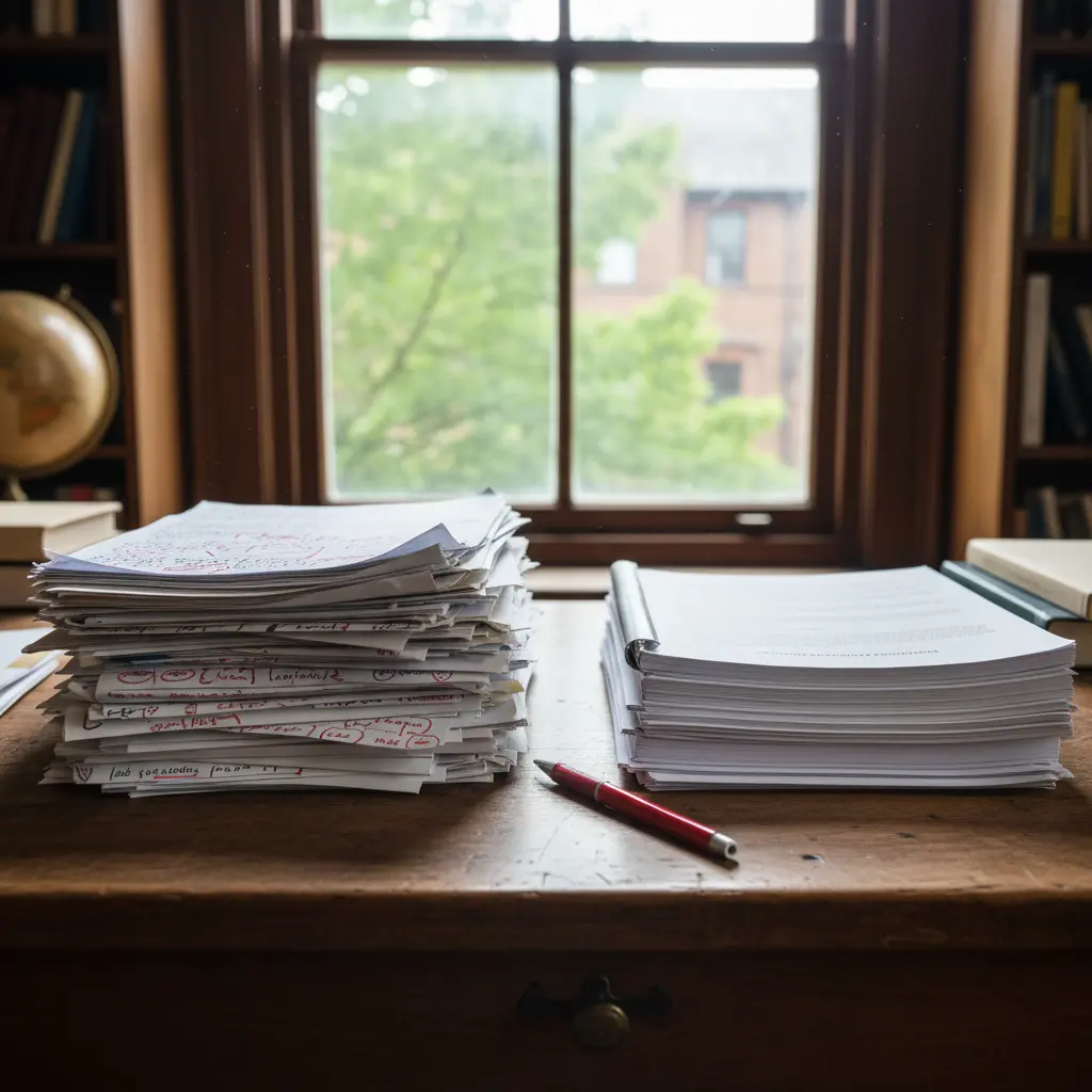 Human handwritten papers versus typed AI text comparison on a professor desk
