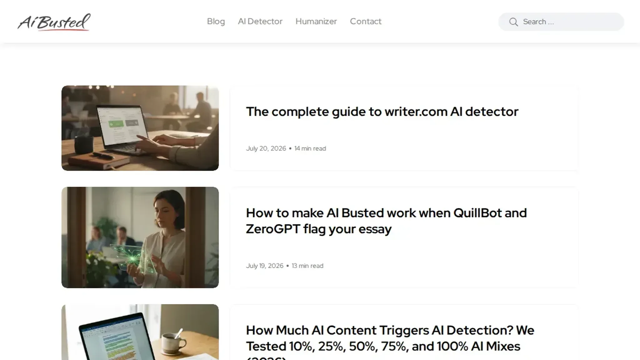 Screenshot of the AI Busted homepage, captured July 2026