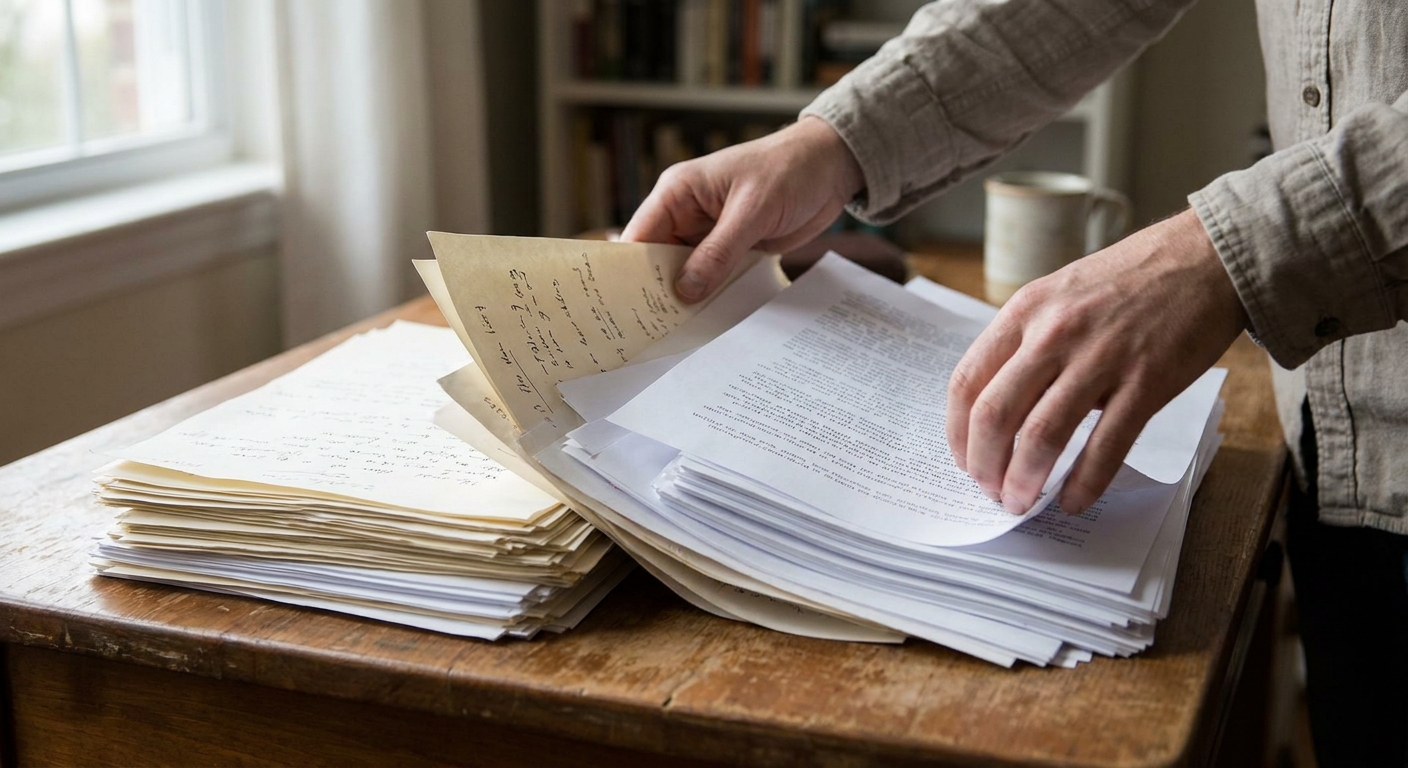 Two stacks of paper on a desk with handwritten and typed pages being mixed together representing different ratios of AI and human content in a single document