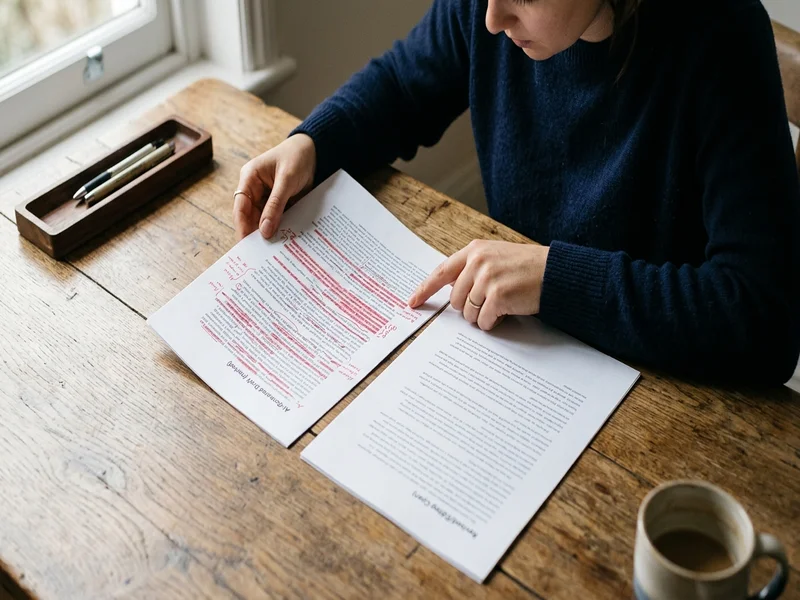 Person comparing two documents on a desk with red and unmarked pages representing AI detection comparison