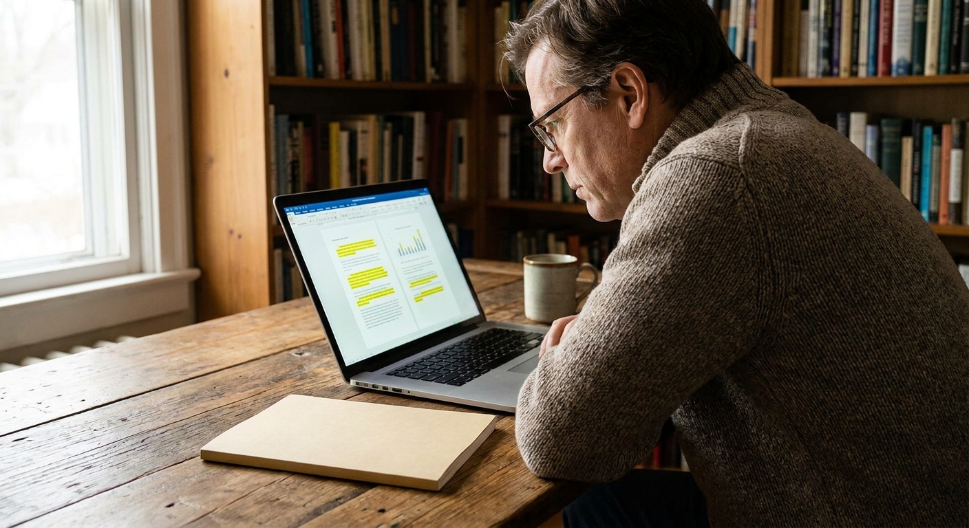 A person looking thoughtfully at a laptop screen showing a document with highlighted sections representing AI detection results for mixed content