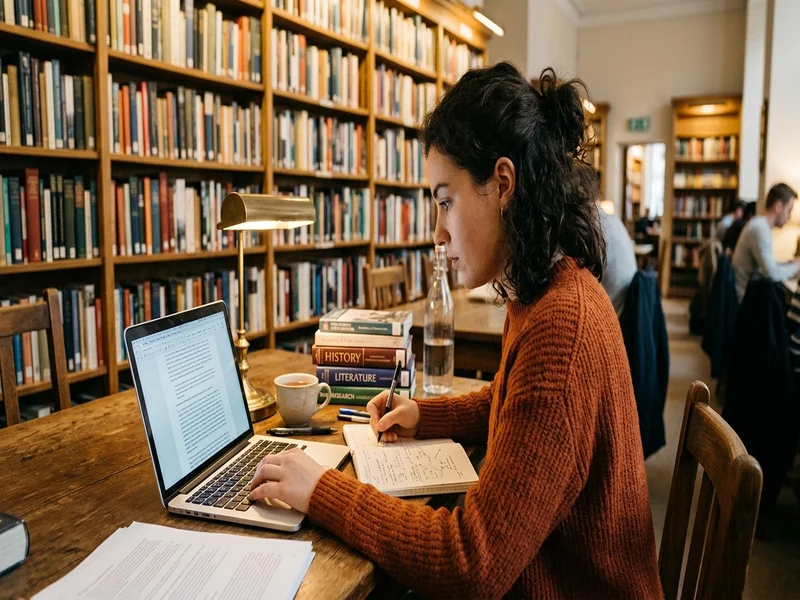 Student working at a library desk with laptop and open notebook representing academic writing and research