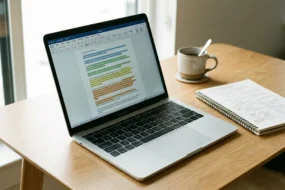 A desk workspace with a laptop showing a document and notebook representing testing how much AI content triggers AI detection in mixed human and AI writing