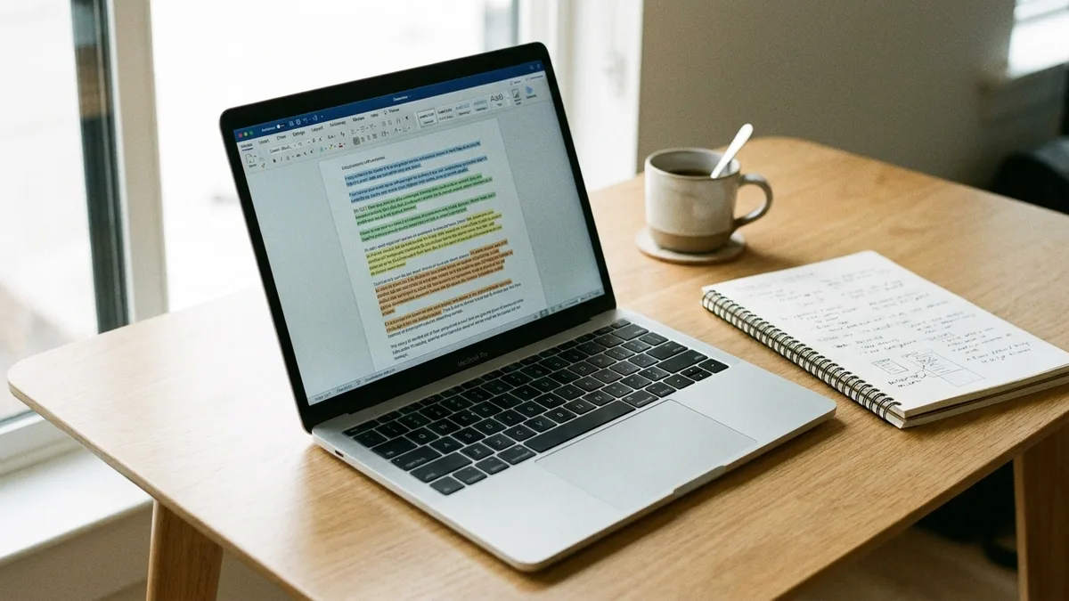A desk workspace with a laptop showing a document and notebook representing testing how much AI content triggers AI detection in mixed human and AI writing