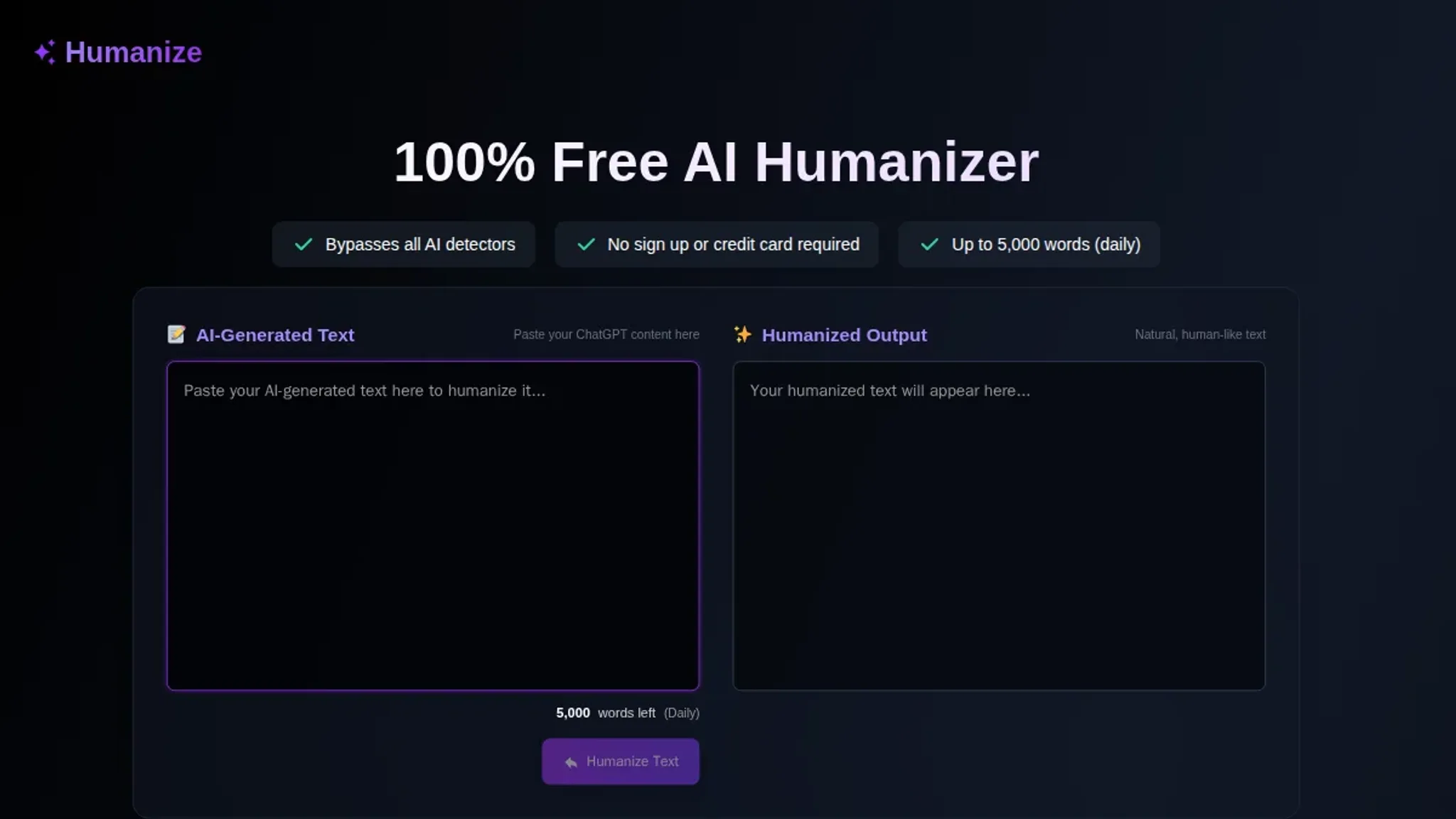 Screenshot of the Humanize homepage, captured July 2026