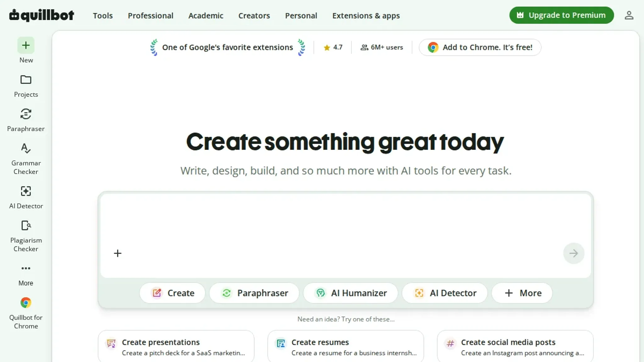 Screenshot of the QuillBot homepage, captured July 2026