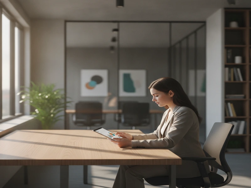 Person reviewing documents on a tablet in a modern office for Writer.com AI detection accuracy testing