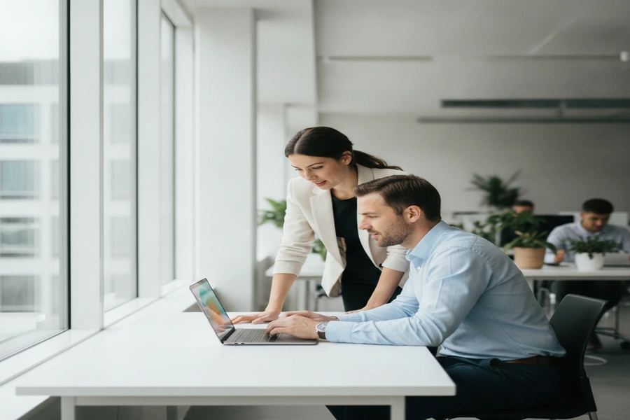 Two colleagues discussing content analysis on a laptop for Writer.com AI detector comparison testing