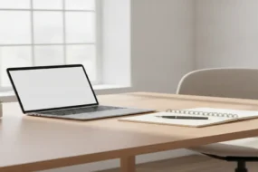 Clean modern desk with laptop and notebook representing Writer.com AI detector testing environment