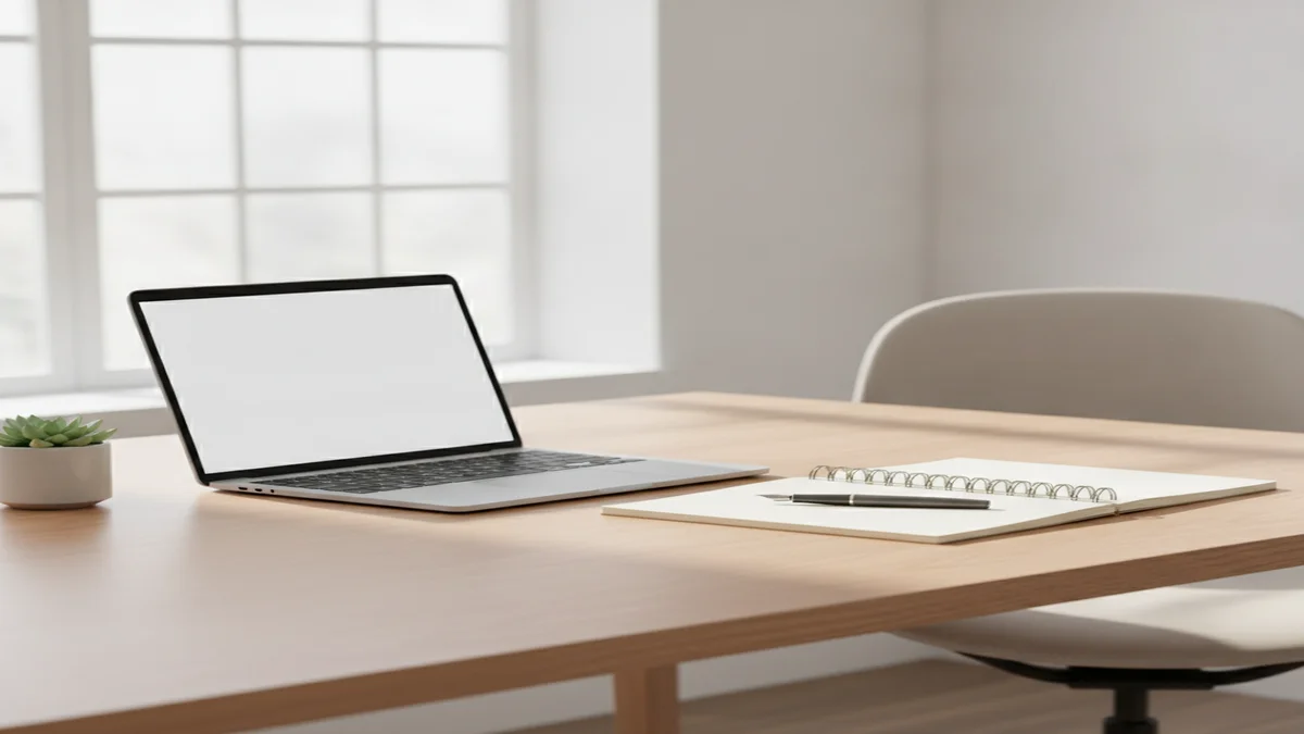 Clean modern desk with laptop and notebook representing Writer.com AI detector testing environment