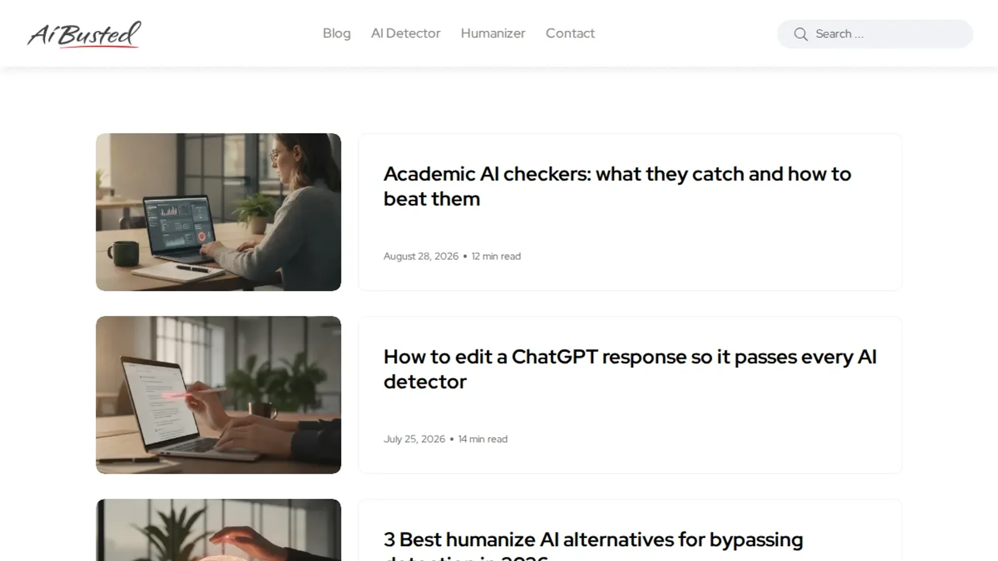 Screenshot of the AI Busted homepage, captured August 2026