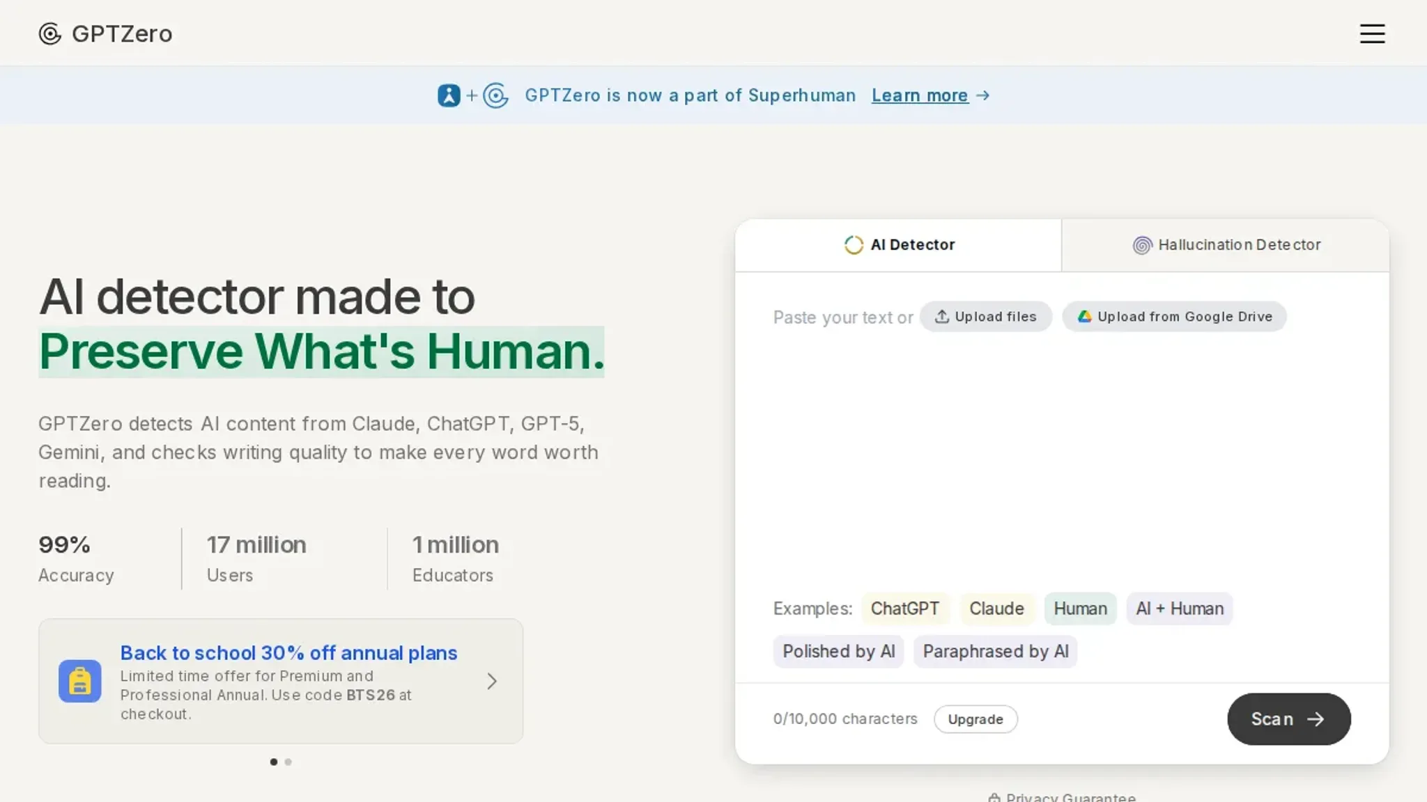 Screenshot of the GPTZero homepage, captured August 2026