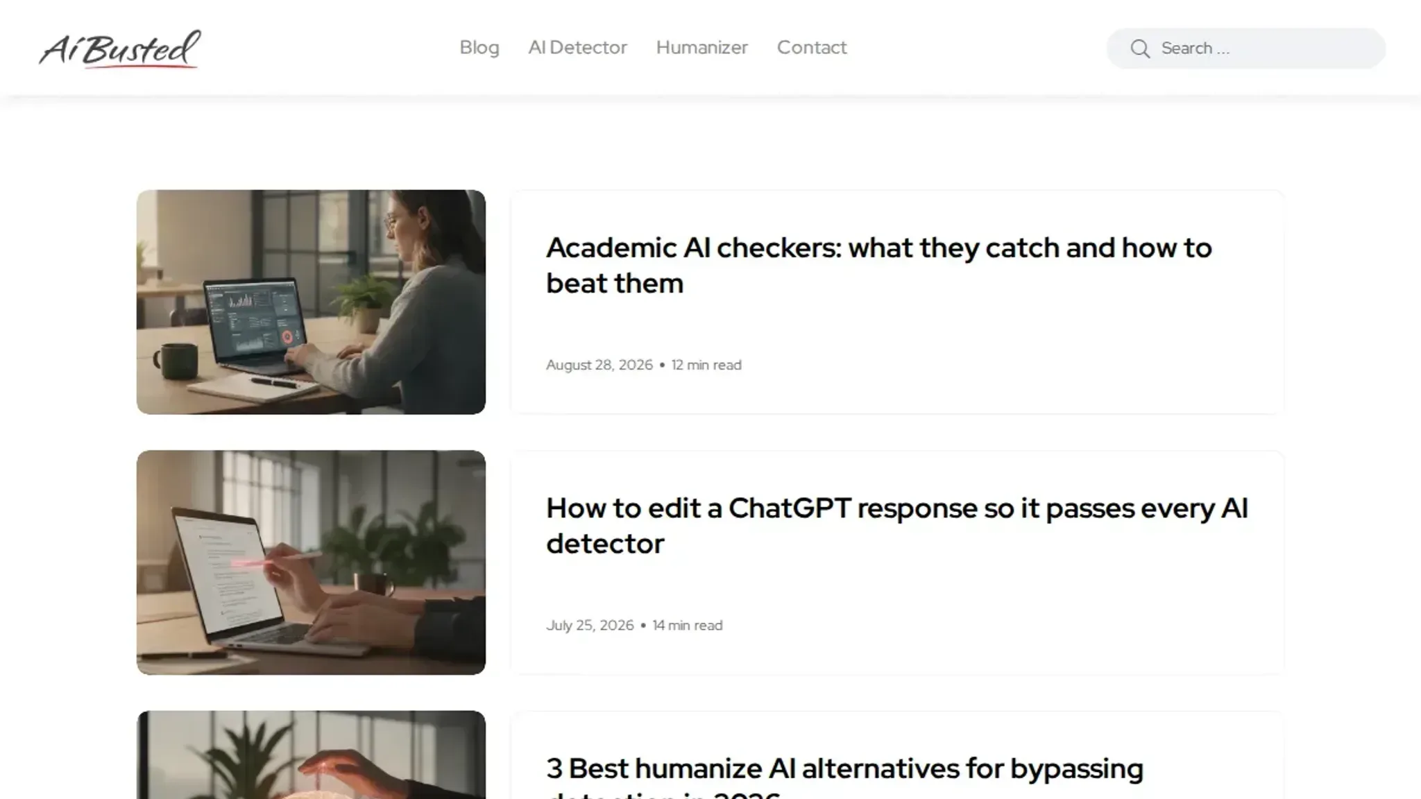 Screenshot of the AI Busted homepage, captured August 2026